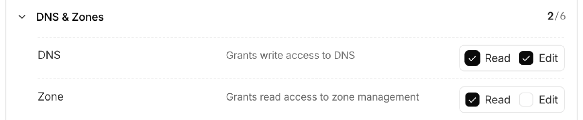 Cloudflare에서 DNS Read·Edit과 Zone Read 최소 권한만 부여해 API 토큰을 만드는 화면
