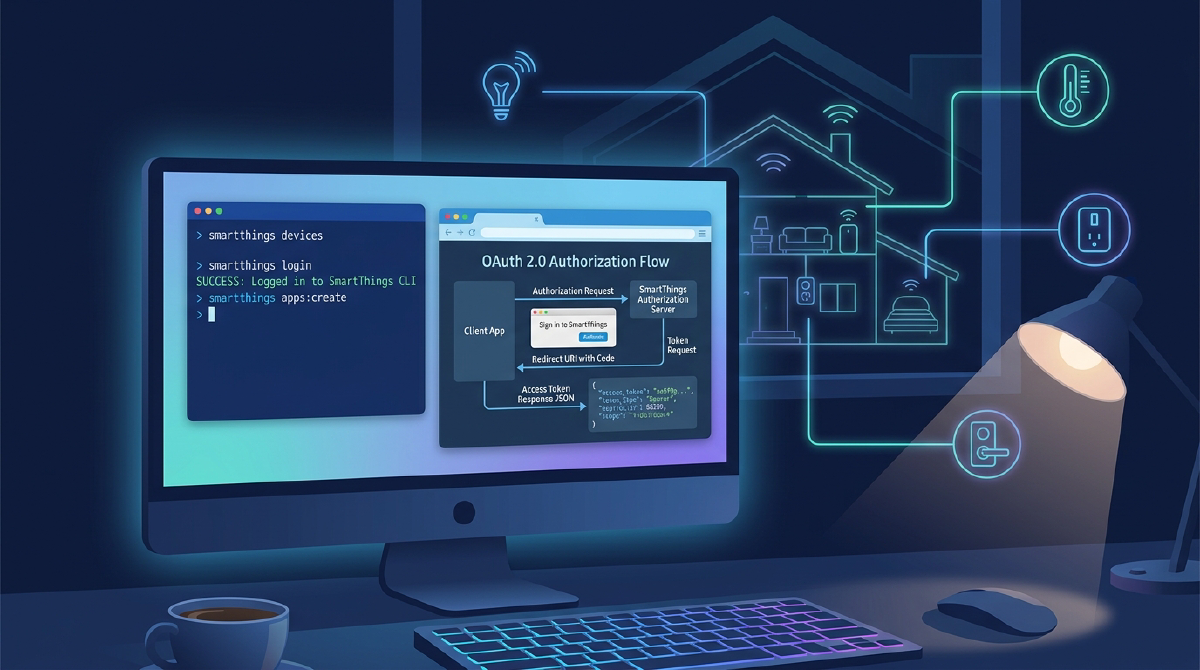 SmartThings CLI 설치부터 OAuth 인증까지 거쳐 스마트 홈 기기를 API로 연동하는 구성을 나타난 대표 이미지