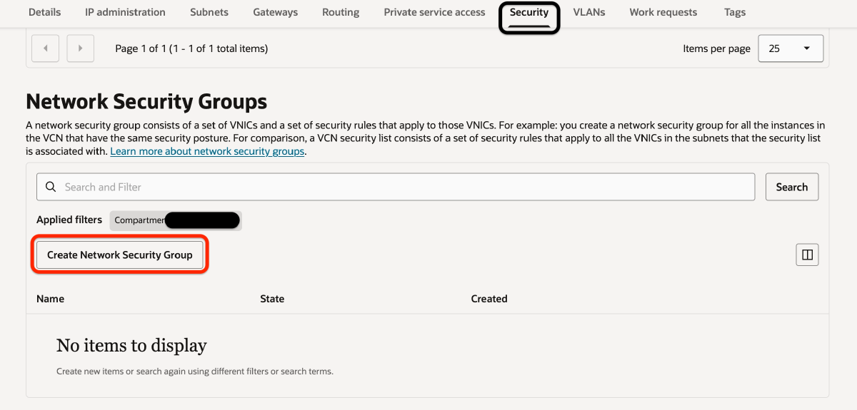 VCN 화면에서 Network Security Group을 생성하는 화면