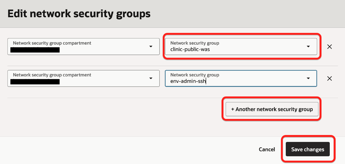 Primary VNIC에 Network Security Group을 연결하고 저장하는 화면