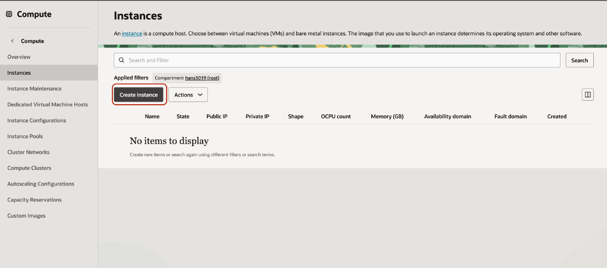 Compute → Instances 목록에서 Create instance 버튼을 누르는 화면