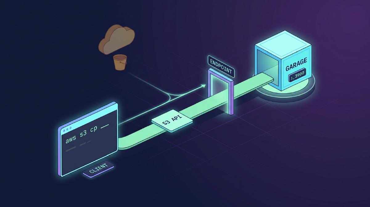 aws CLI 가 보내는 같은 S3 API 요청이 엔드포인트만 바뀌어 AWS 대신 Garage 로 향하는 흐름