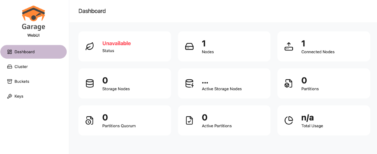 webui 대시보드. 레이아웃을 짜기 전이라 Status 가 Unavailable 이고 Storage Nodes 가 0 이다