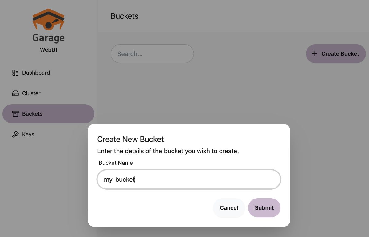 Buckets 탭에서 새 버킷을 만든다