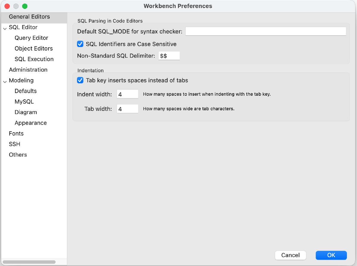 MySQL Workbench에서 탭 입력을 공백 4칸으로 바꾸는 설정을 나타난 대표 이미지