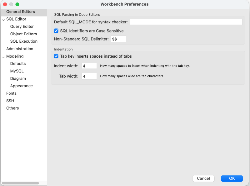 MySQL Workbench 탭을 공백 4칸으로 설정하는 방법