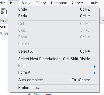 MySQL Workbench의 Edit → Preferences 메뉴로 이동하는 화면