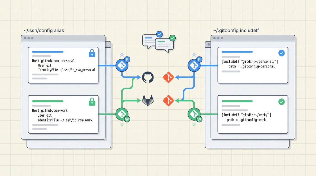 Git 멀티 계정 환경을 ssh config 별칭과 gitconfig includeIf로 분리하는 구성을 나타난 대표 이미지
