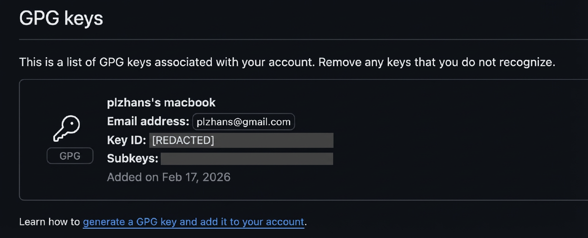 Git 커밋에 GPG 서명을 적용하고 GitHub에 공개키를 등록해 Verified 배지를 받는 과정을 나타난 이미지