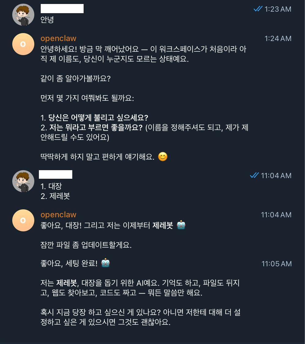 사용자 호칭과 봇 이름을 정하는 화면
