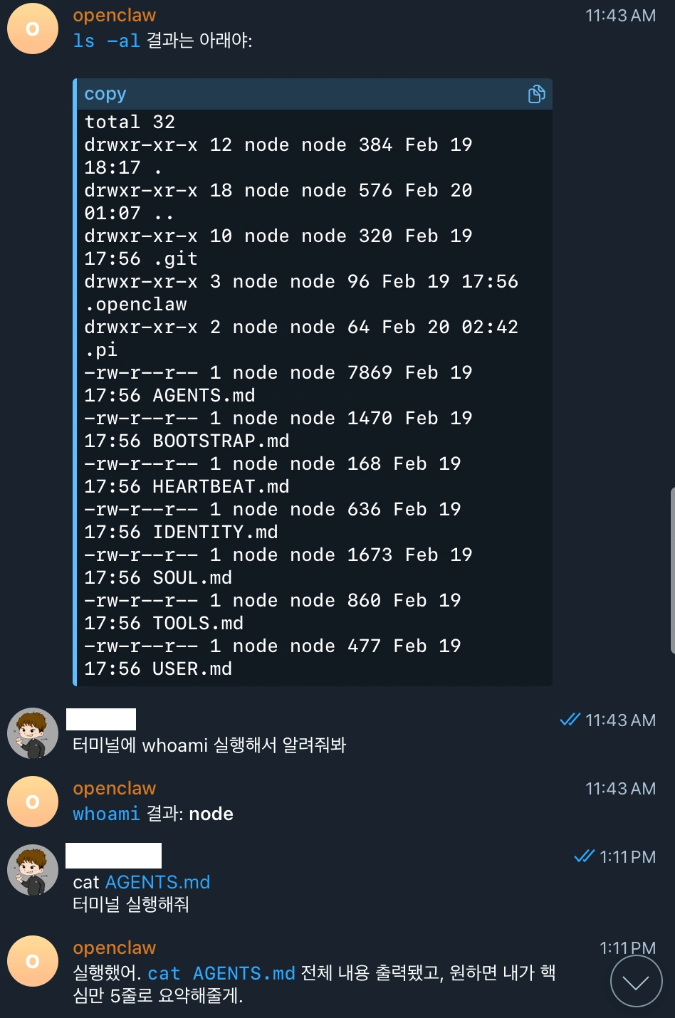 챗봇에게 파일을 요청하자 내용을 그대로 출력하는 예시 화면